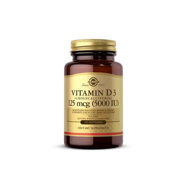 A bottle of Solgar Vitamin D3 (Cholecalciferol) provides 125 mcg (5,000 IU) and contains 100 softgels designed to support bone health and enhance the immune system.